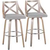 Charlotte 30" Swivel Bar Stool in Light Grey Wood & Grey Fabric with Chrome Footrest (Set of 2)